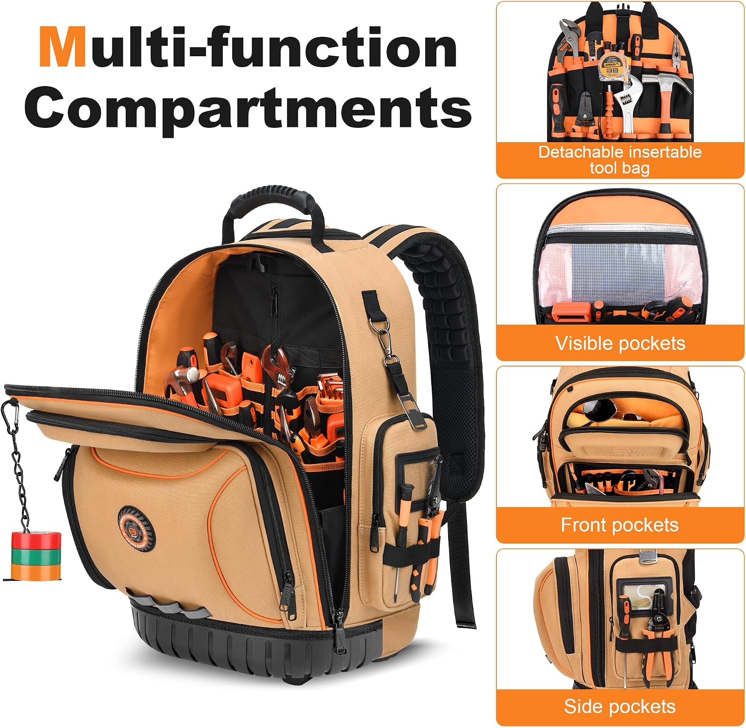Backpack Tool Bag with Wheel, Rolling Tool Backpack for Electrician Heavy Duty Roller Tool Bag on Wheel for Construction Work, 75 Pockets & Loops Tool Backpack with Molded Base and Lock - Brown