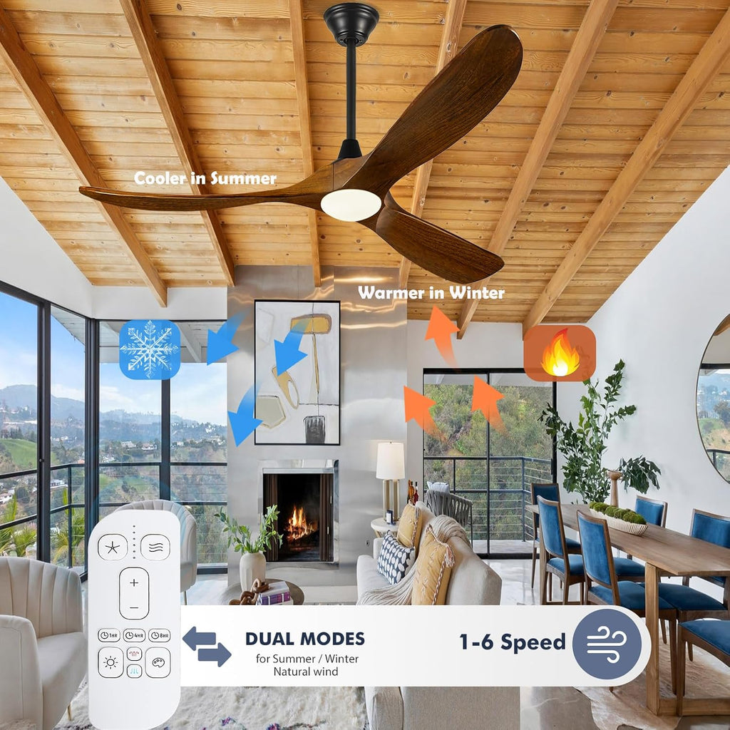 60 Inch Indoor Outdoor Ceiling Fan with Light and Remote, Modern Farmhouse for Patio, Gazebo, Living Room - High CFM Quiet Reversible DC Motor, 3 Wood Blades Dimmable with 3 Downrods
