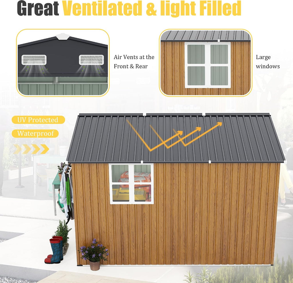 10x12 FT Outdoor Storage Shed with Sliding Lockable Doors & Windows, Extra Large Metal Shed with Dual-Zone Design, Galvanized Steel Utility Shed for Garden, Backyard, Tool Storage (Yellow, 10x12 FT)