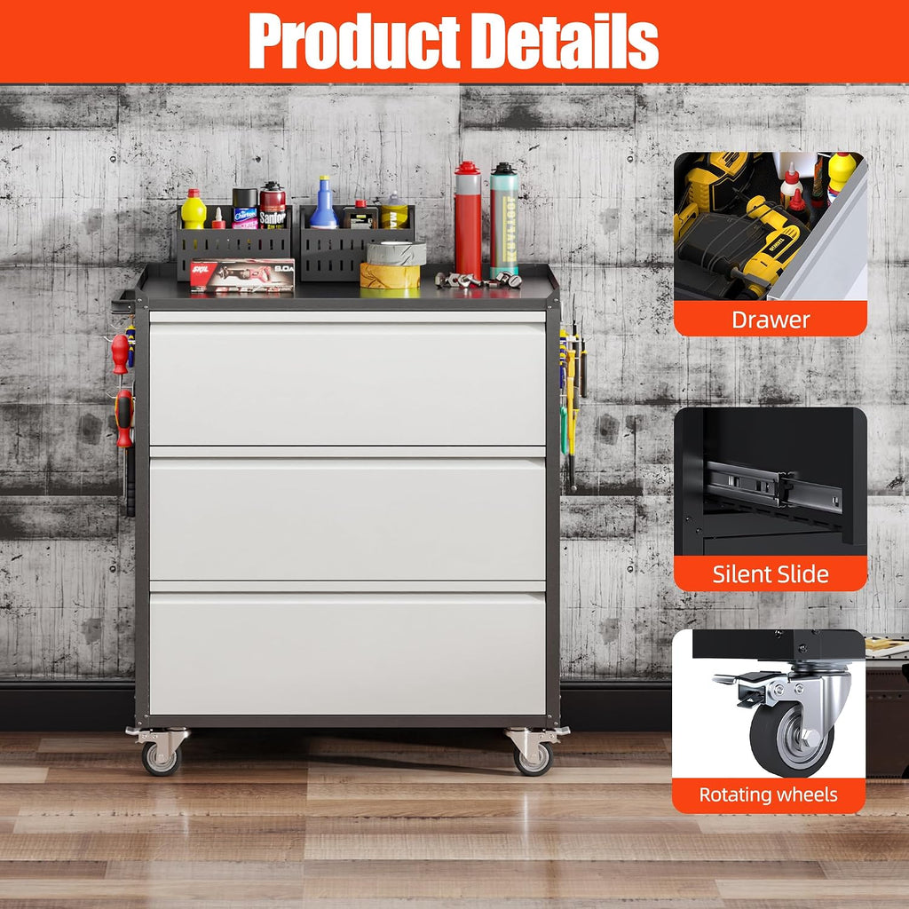 Aobabo Metal Garage Storage Cabinet with Wheels, 3-Drawer Rolling Tool Chest with Lockable Casters and Pegboards for Workshop Office, 35.43' H x 30.31' W x 18.11' D, Assembly Required, Black/Gray