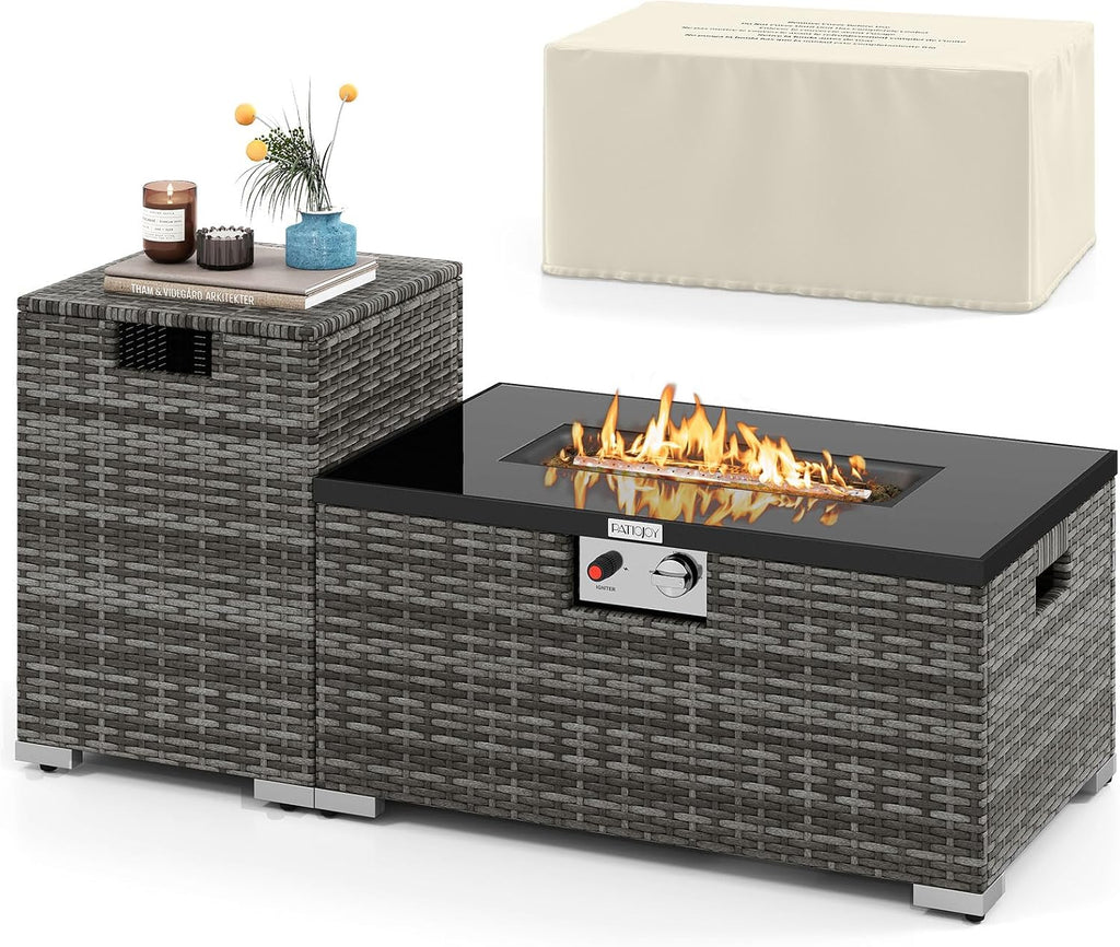 Tangkula 2 Piece Propane Fire Pit Table Set with Tank Cover, Outdoor Rattan Gas Firepit with Lid, Tempered Glass Tabletop, Protective Cover, 40,000 BTU Rectangle Fire Table Set for Outside (Mix Gray)