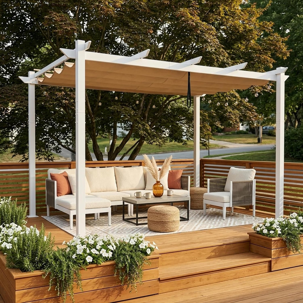 PURPLE LEAF 10' x 13' Aluminum Outdoor Pergola White Retractable Pergola with Double Sun Shade Canopy Wind-Resistant Heavy-Duty Metal Pergola for Patios Deck Backyard Garden, Khaki