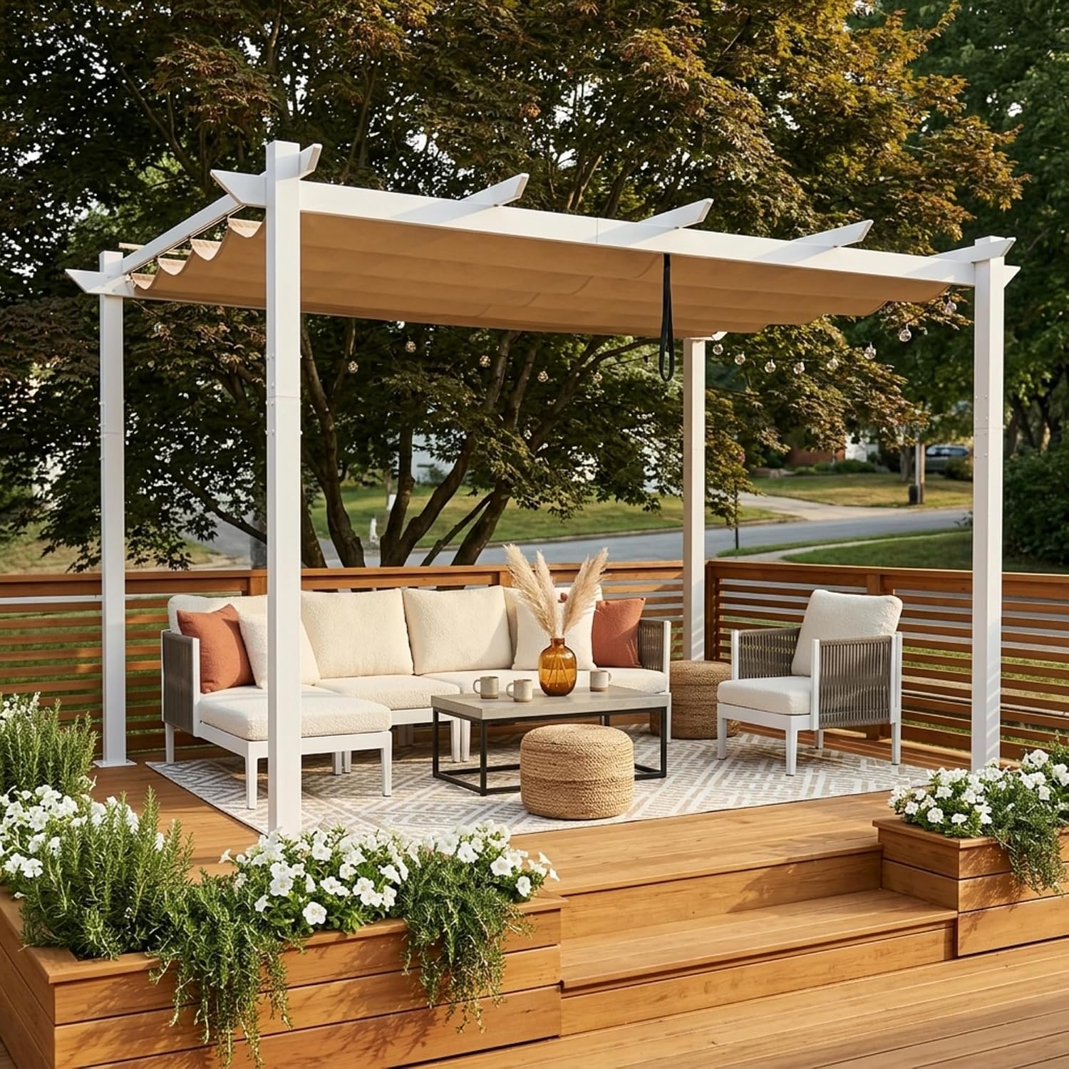 PURPLE LEAF 10' x 13' Aluminum Outdoor Pergola White Retractable Pergola with Double Sun Shade Canopy Wind-Resistant Heavy-Duty Metal Pergola for Patios Deck Backyard Garden, Khaki
