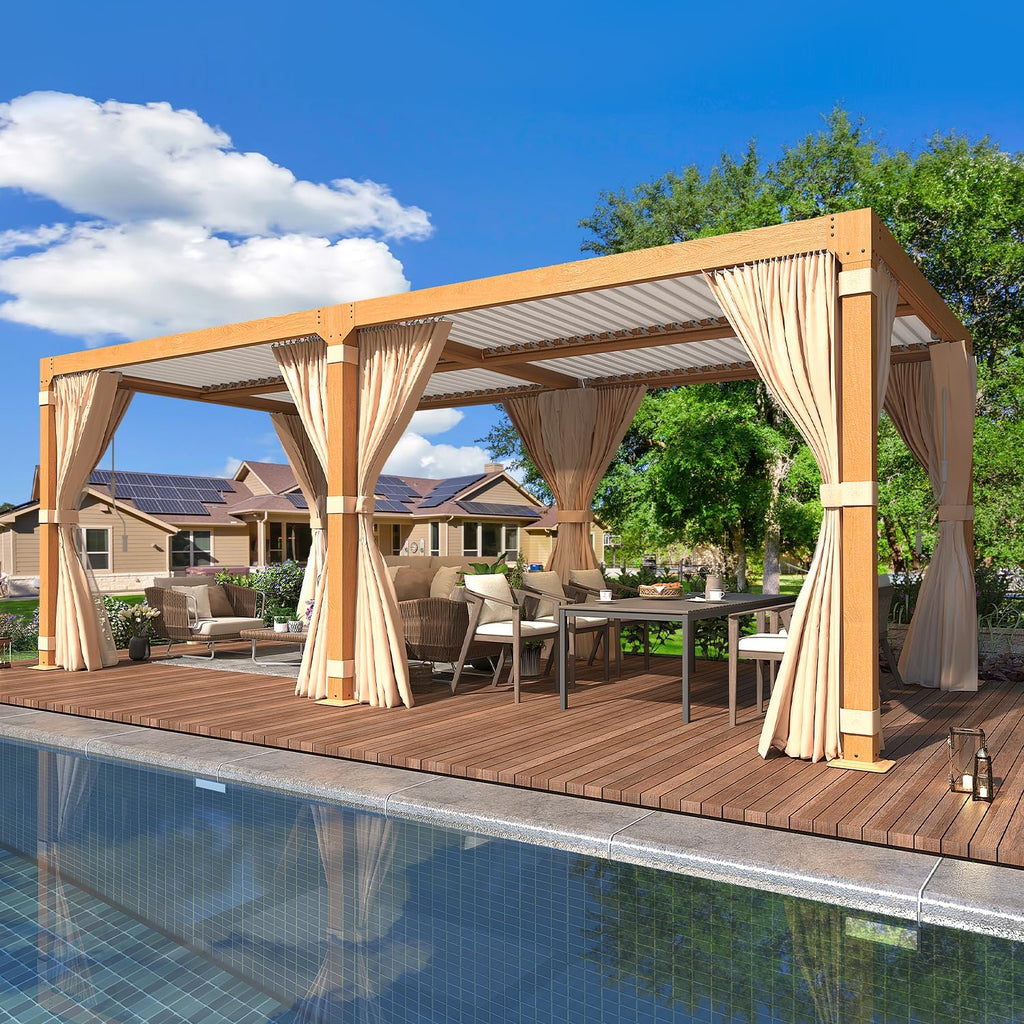 Yoleny Louvered Pergola - 10x20, All Aluminum with Adjustable Rainproof Roof, Outdoor Pergola with Curtains and Nets for Patio & Garden, Woodgrain
