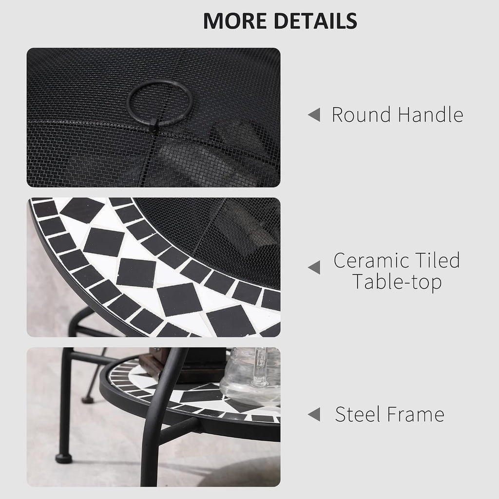 Outsunny 30' Outdoor Fire Pit Dining Table, 3-in-1 Round Wood Burning Fire Pit Bowl, Patio Ice Bucket with Storage Shelf, Spark Screen Cover for BBQ, Bonfire, Camping, Mosaic