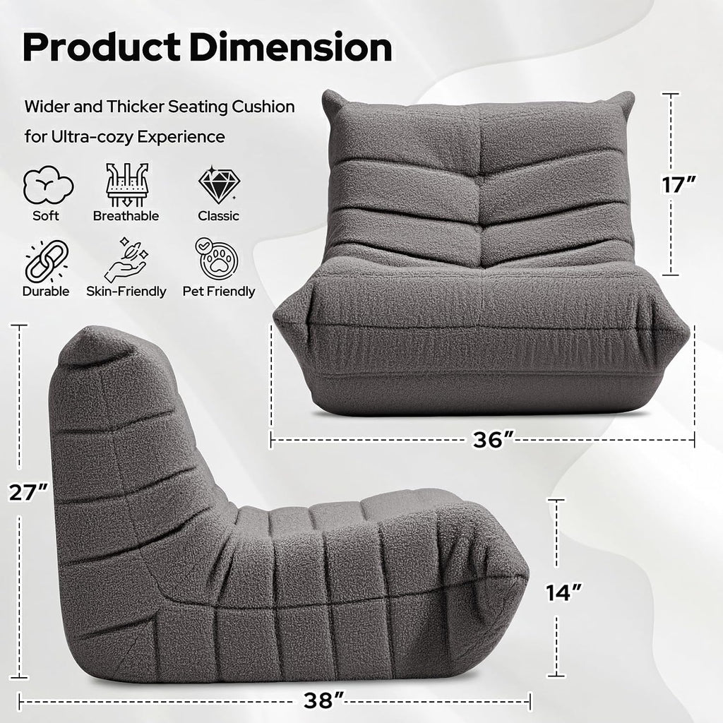 HABUTWAY Bean Bag Chairs Fireside Lazy Floor Sofa, Soft Teddy Fleece Bean Bag Sofa with High-Resilience Foam Filling，Beanbag for Living Room, Bedroom, Office (Dark Grey Teddy)
