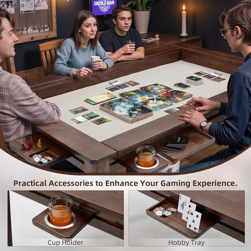Coperat Solid Wood Board Game Table for 4-6 Players,Dining/Gaming Table w/ 54'x31' Big Gaming Space and Removable Top,Includes Game Mat, 6 Cup Holders & Hobby Tray, Warm Walnut