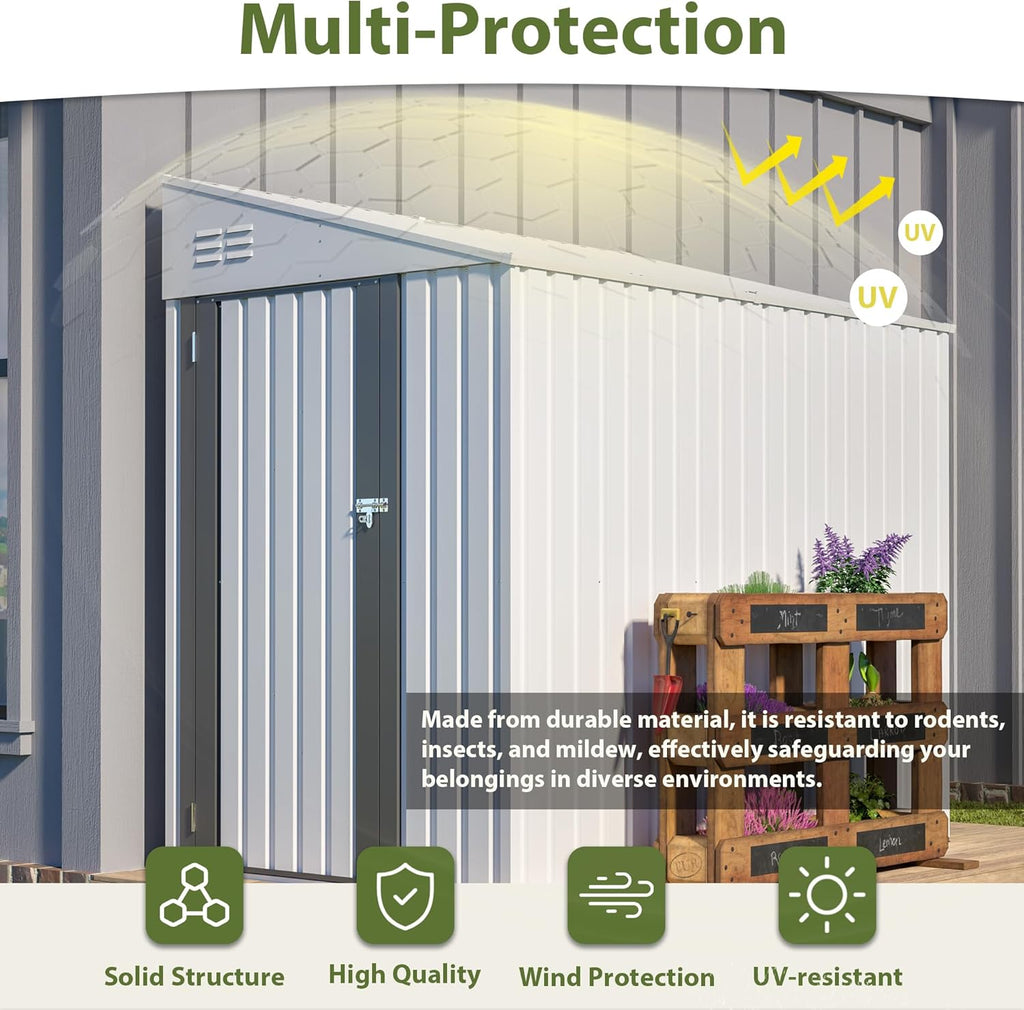 White 4' x 7' Lean-to Storage Shed, Heavy-Duty Metal Outdoor Garden & Bike Shed with Lockable Door, Easy Assembly Backyard Storage Solution