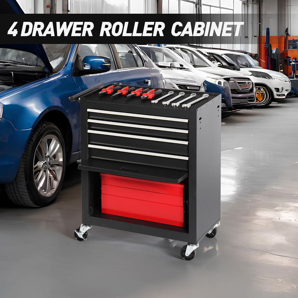 4 Drawers Metal Rolling Tool Chest on Wheels with Lockers, Tool Box Tool Trolley Organizer Cart, Multifunctional Drawers Rolling Storage Tool Case for Garage, Repair Shop(BLACK)