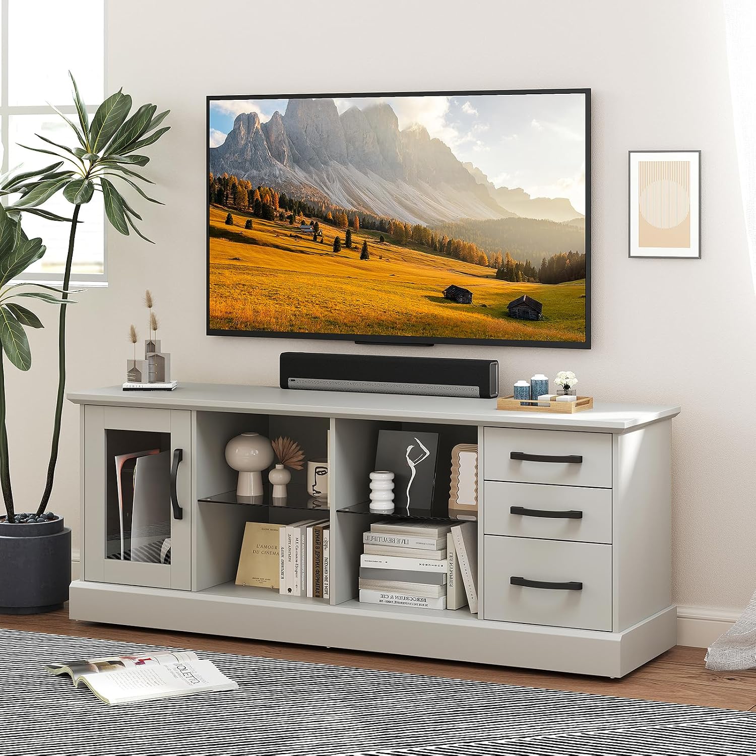 Tangkula Farmhouse TV Stand for 75 Inch TVs, 63' Media Console Table with 3 Drawers, 2 Glass Shelves & Cable Holes, Modern Wooden Entertainment Center for Living Room, Bedroom (Gray)
