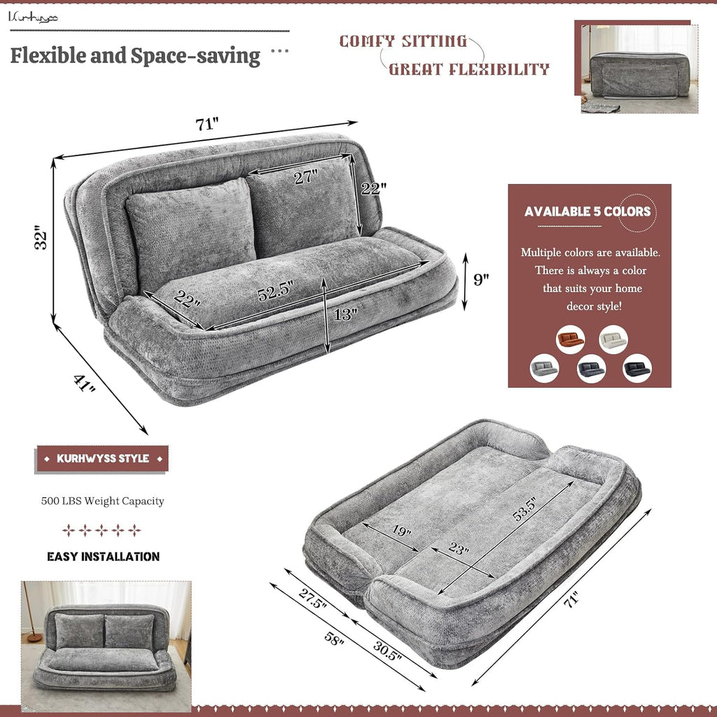 Extra Large Human Dog Bed for Adult & Pets, Convertible Floor Sofa Bed with 5 Adjustable Position, Lazy Couch Giant Bean Bag Lounge Chair Comfy Tatami with 3 Pillows for Bedroom Living Room (Grey)