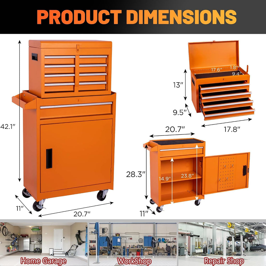5 Drawers Tool Cart with Wheels & 1 Cabinet,Detachable Portable Top Box,Lock Rolling Tool Chest Trolley Organizer Set,Multifunctional Tool Box w/Storage Lockers for Garage & Workshop(Orange)