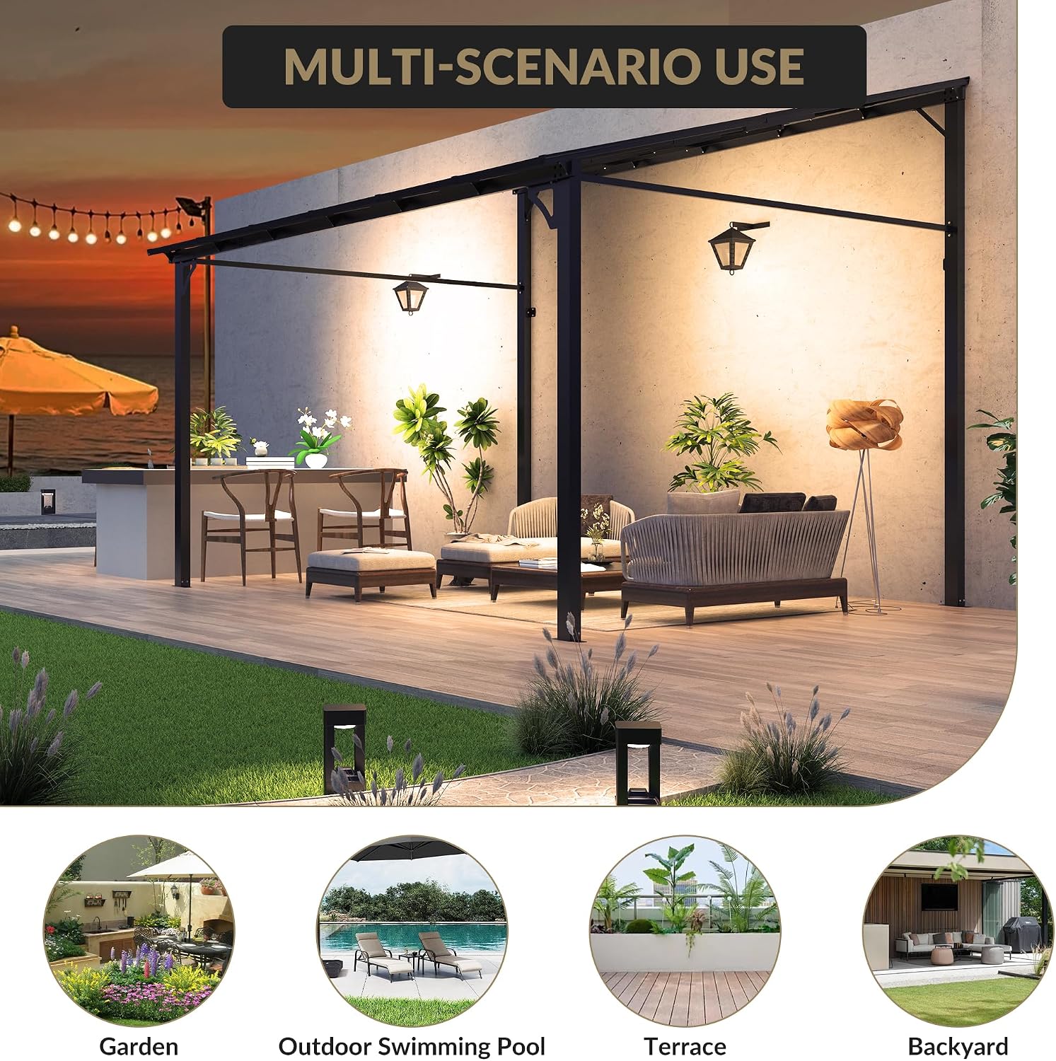 10 Ft x 12 Ft Lean to Gazebo - Hardtop Gazebo Wall Pergola with Polycarbonate Roof, Aluminum Frame Mounted for Lawn, Patio, Deck & Party