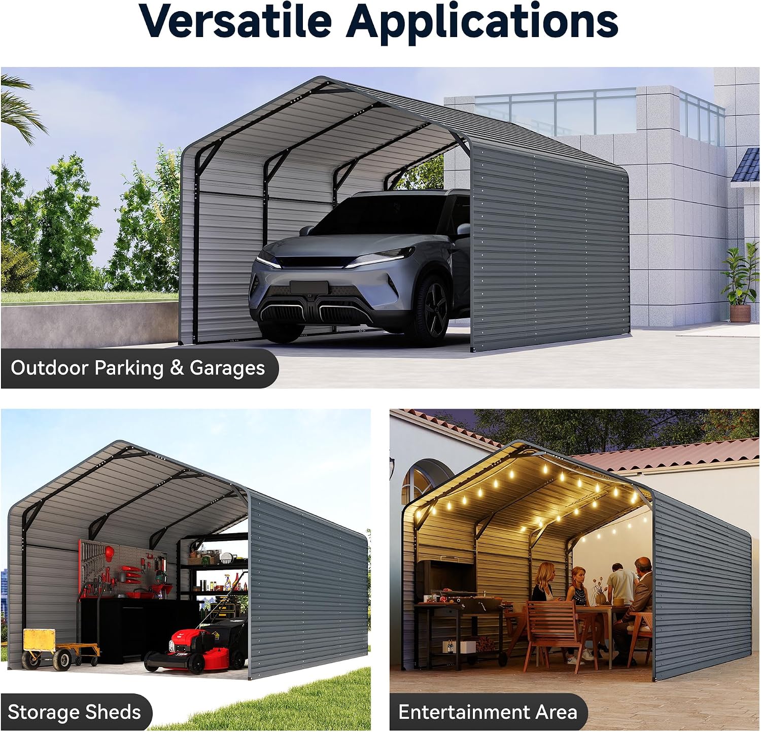 10x15FT Heavy Duty Metal Carport,Outdoor Garage with Metal Side Panels, Enclosed Car Ports with Heavy Duty Steel Frame and Galvanized Roof for Cars and Boats, Equipment Storage,Tools, Gray