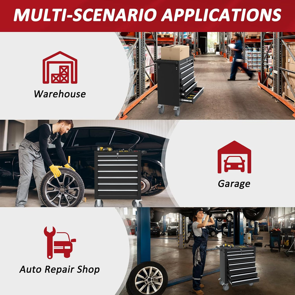 7 Drawers Rolling Tool Chest with Wheels, Rolling Tool Chest with Drawers, Portable Rolling Tool Boxes with Wheels, Tool Box Storage Cabinet with Locking System for Garage (Black, 7 Drawers)