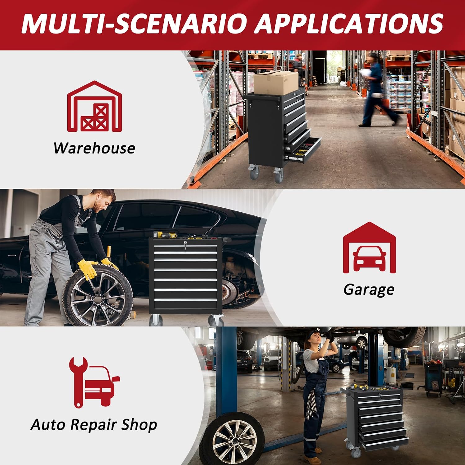 7 Drawers Rolling Tool Chest with Wheels, Rolling Tool Chest with Drawers, Portable Rolling Tool Boxes with Wheels, Tool Box Storage Cabinet with Locking System for Garage (Black, 7 Drawers)