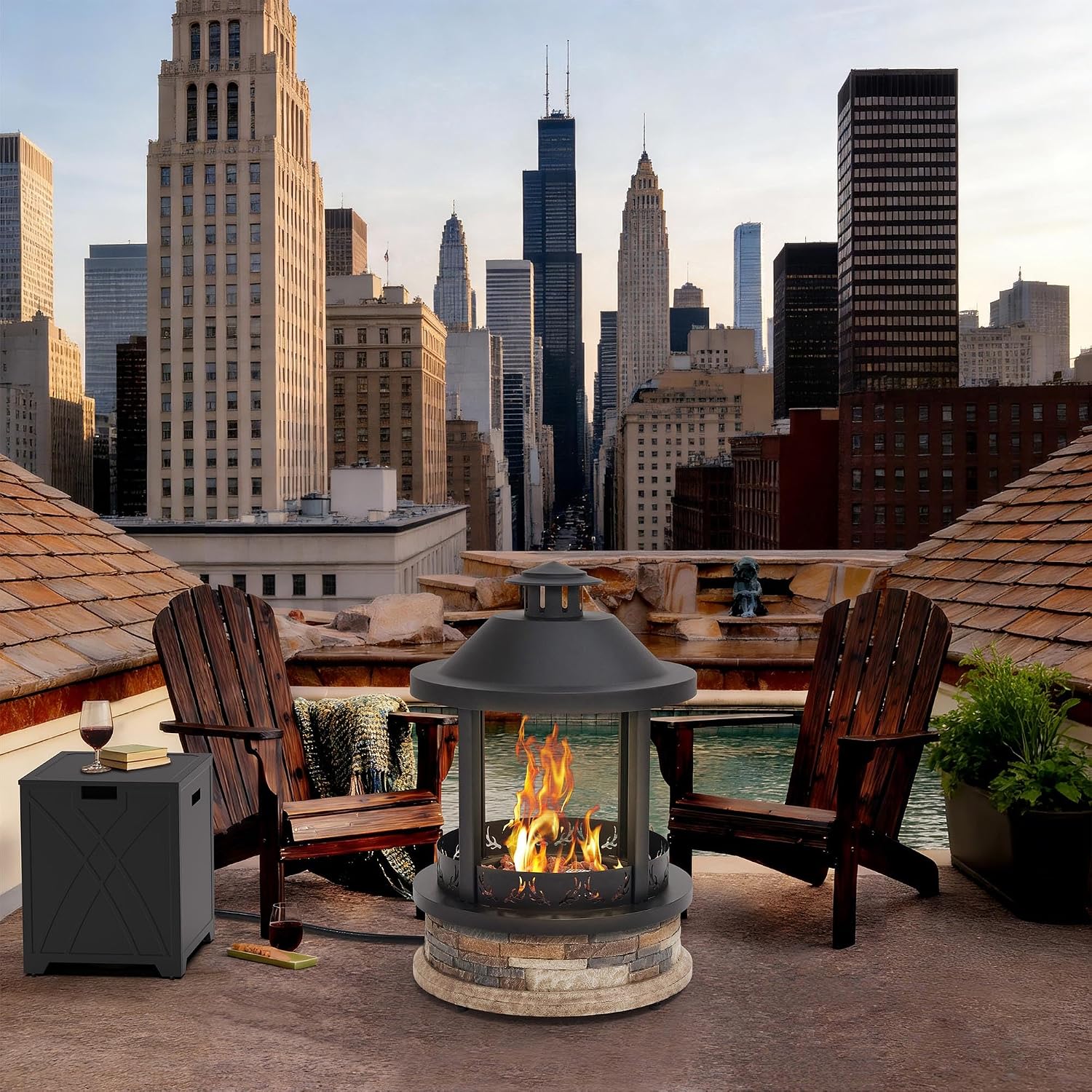 28-Inch Outdoor Gas Fire Pit with Tank Cover, 65,000 BTU Lantern Top Patio Propane Fire Pit, Gazabo Gas Fireplace with Faux Stone Base, Lava Rocks, Cover & Pre-Attached 10ft Propane Hose