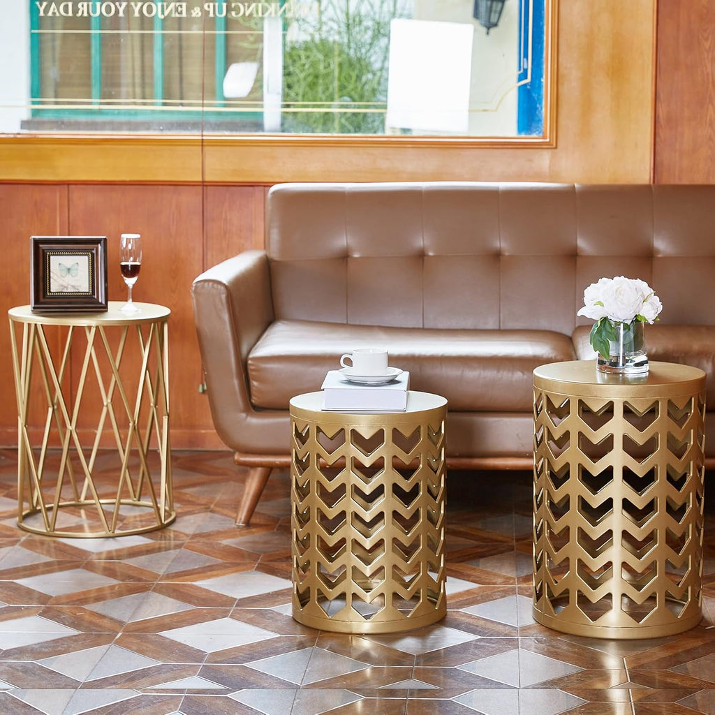 Y&M Set of 3 Gold End Tables, Nesting Metal Round Coffee Table, Heavy Duty Metal Plant Stand Garden Stool, Outdoor Multifunctional Use