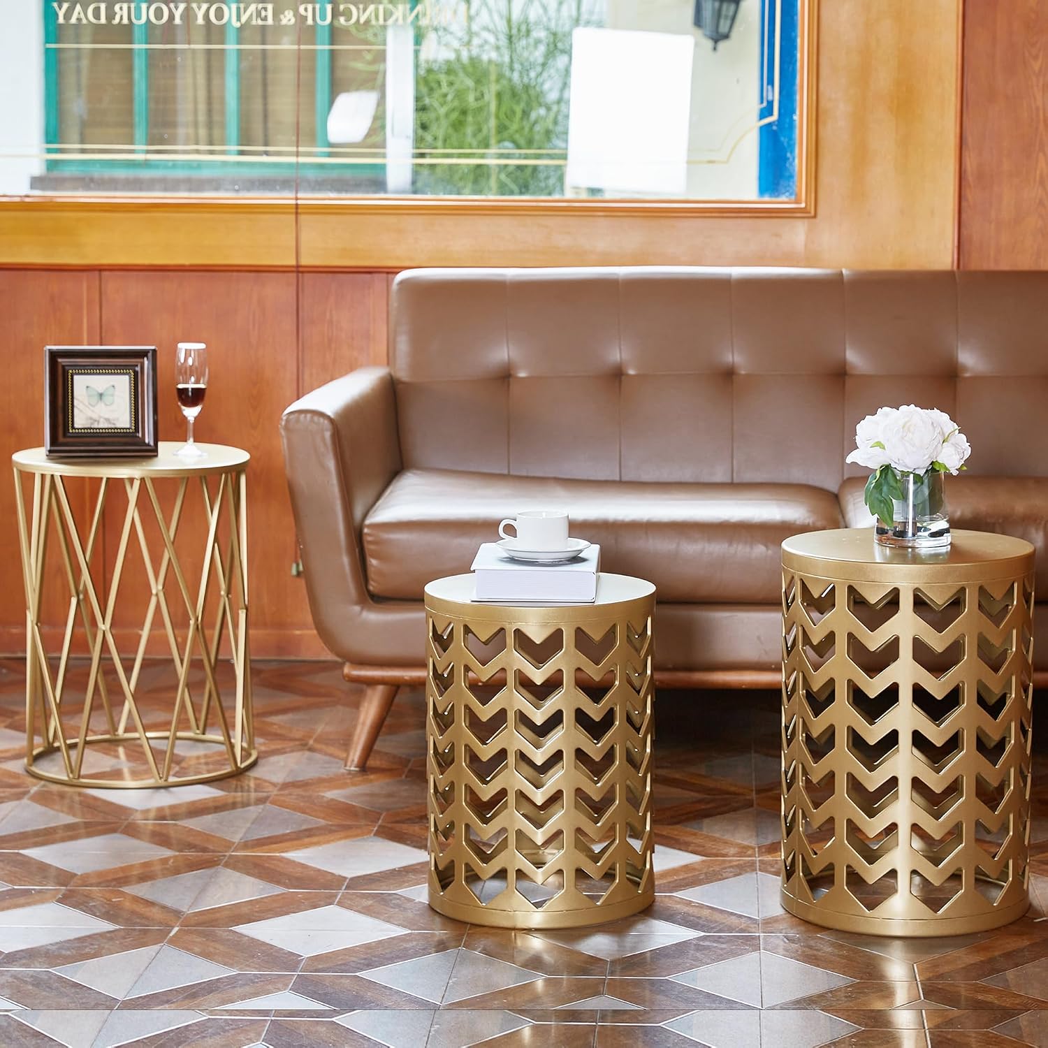 Y&M Set of 3 Gold End Tables, Nesting Metal Round Coffee Table, Heavy Duty Metal Plant Stand Garden Stool, Outdoor Multifunctional Use