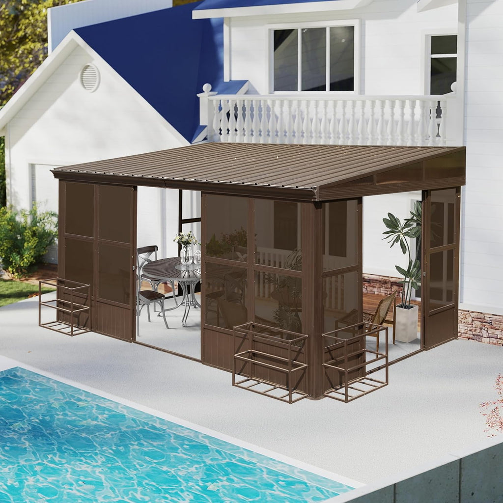 Domi 10x14FT Sunroom, Wall Mounted Sunroom Kit with Galvanized Steel Sloping Roof, Outdoor Sunroom Gazebo with Detachable PC Screen, 3 Sliding Double Doors, Lean to Sun Room for Patio, Deck