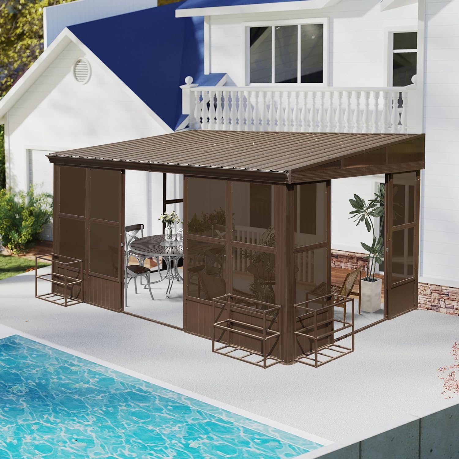 Domi 10x14FT Sunroom, Wall Mounted Sunroom Kit with Galvanized Steel Sloping Roof, Outdoor Sunroom Gazebo with Detachable PC Screen, 3 Sliding Double Doors, Lean to Sun Room for Patio, Deck
