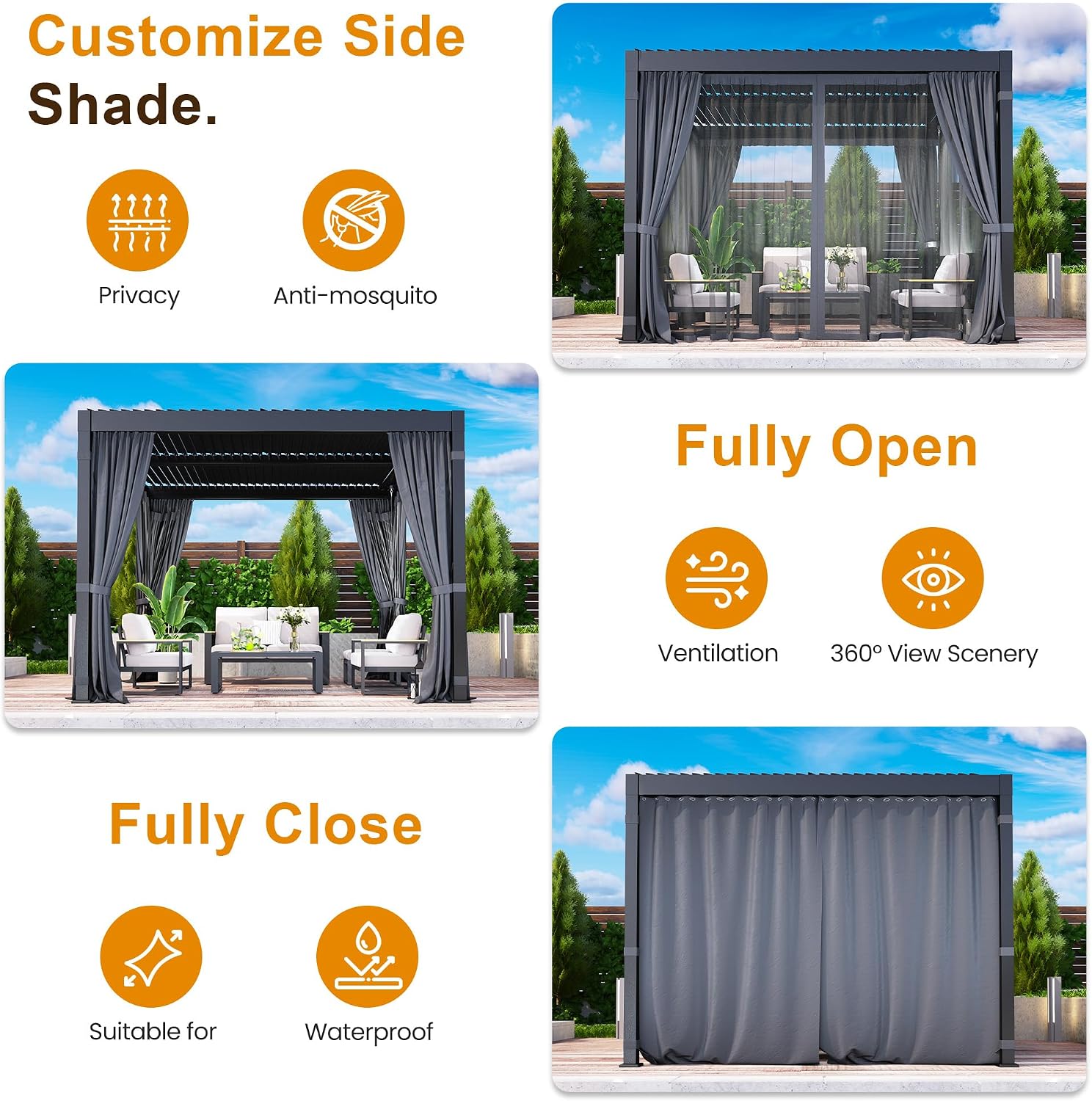 Kiss the Water 10'x12' Louvered Pergola with Privacy Curtains & Netting, Heavy-Duty Metal Hardtop Gazebo with Adjustable Roof and Gutter System, Metal Outdoor Pergola for Deck, Garden, Dark Gray