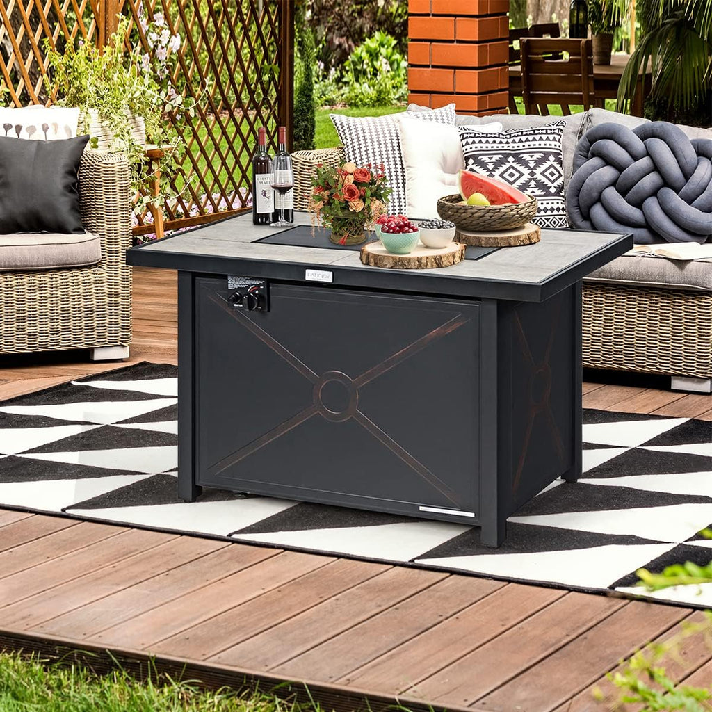 COSTWAY 42' Propane Fire Pit Table, 60,000 BTU Outdoor Rectangle Gas Fire Table W/Ceramic Tabletop, Lava Rock & PVC Cover Included, Stainless Steel Burner, Ideal for Backyard, Poolside