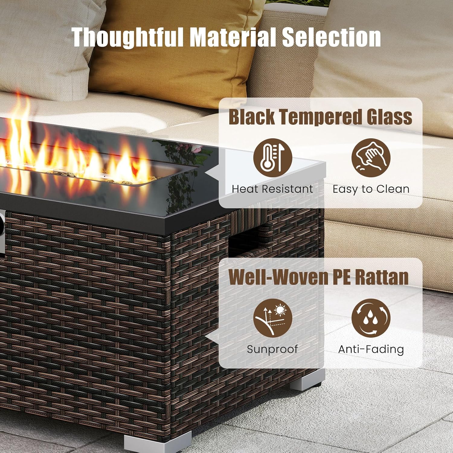 Tangkula 2 Piece Propane Fire Pit Table Set with Tank Cover, Outdoor Rattan Gas Firepit with Lid, Tempered Glass Tabletop, Protective Cover, 40,000 BTU Rectangle Fire Table Set for Outside (Mix Brown)