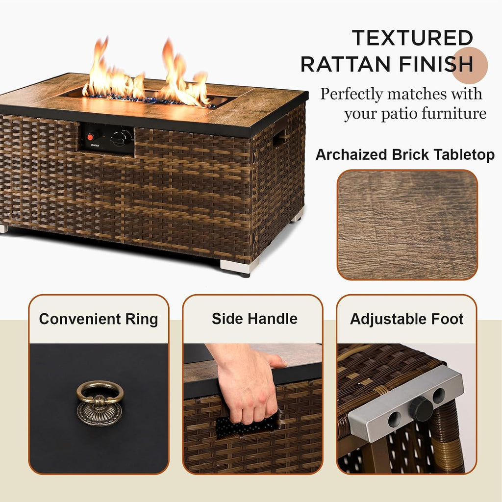 2-Piece Rattan Wicker Propane Fire Pit Table w/Tank Holder, Handmade 32-inch Gas Fire Pits for Outside Patio, Ceramic Tabletop with Steel Lid, Lava Rocks 40,000 BTU Rectangle (Brown)