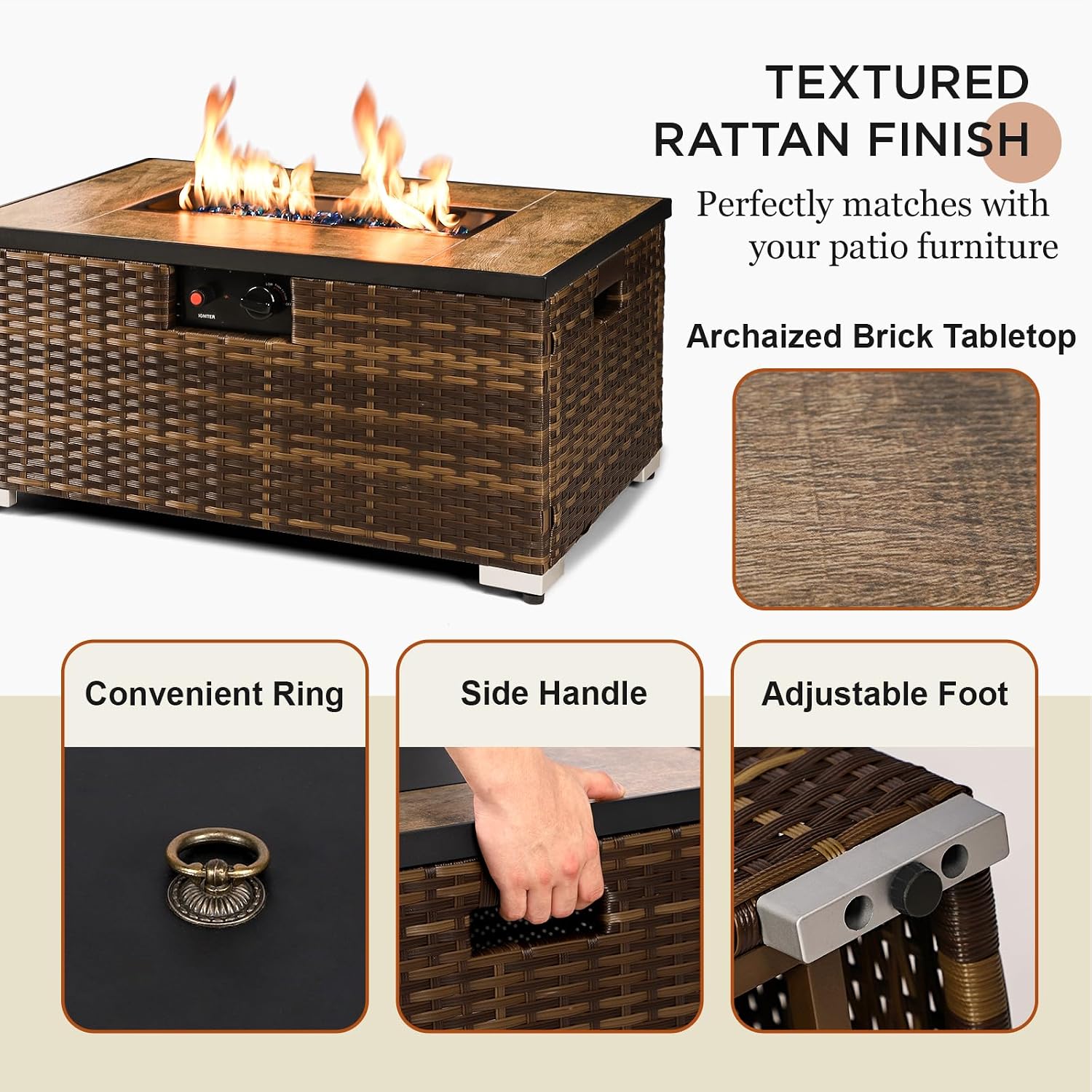 2-Piece Rattan Wicker Propane Fire Pit Table w/Tank Holder, Handmade 32-inch Gas Fire Pits for Outside Patio, Ceramic Tabletop with Steel Lid, Lava Rocks 40,000 BTU Rectangle (Brown)