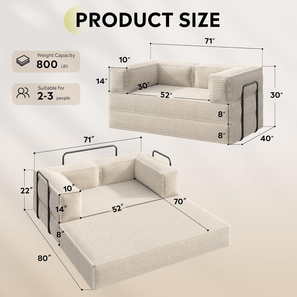 WLIVE 71'' Futon Sofa Bed, Convertible Sleeper Sofa, Folding Pull Out Couch Boneless Mattress with Fixed Frame, Corduroy, with Storage Pocket, Beige