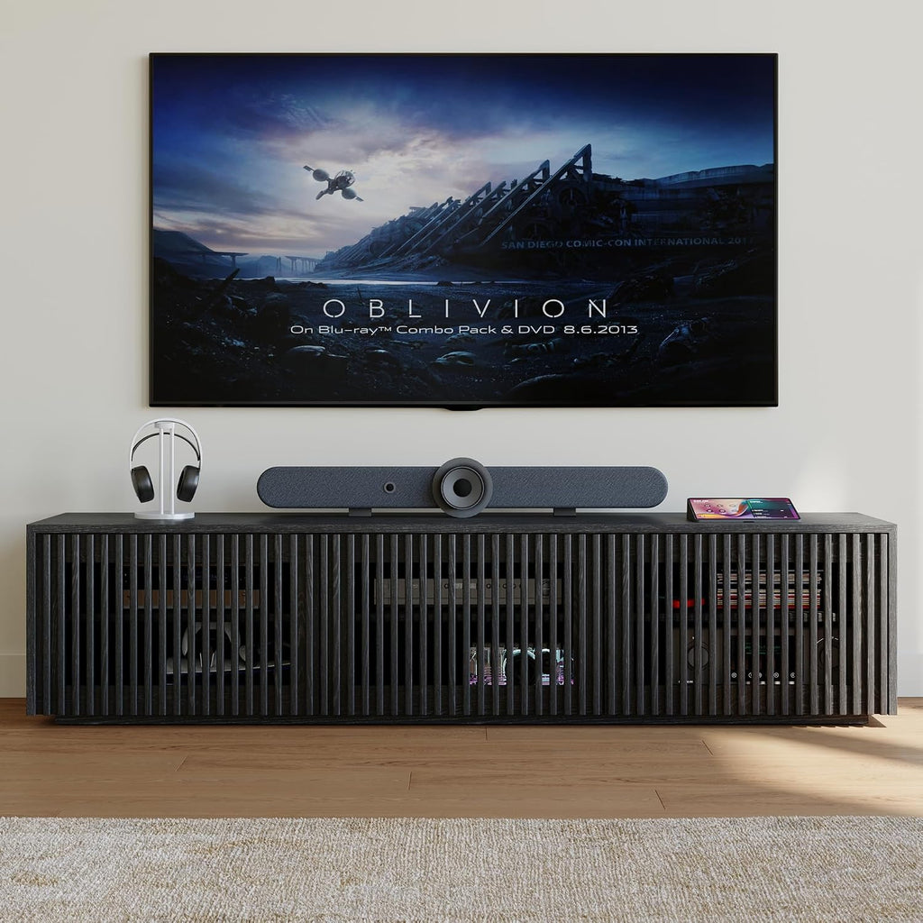 POVISON Full Assembled Mid Century Modern TV Stand, Black Entertainment Center for 65 inch TV, Wood Slatted Media Console with Storage, Low TV Cabinets for Living Room Bedroom, Oak Veneer