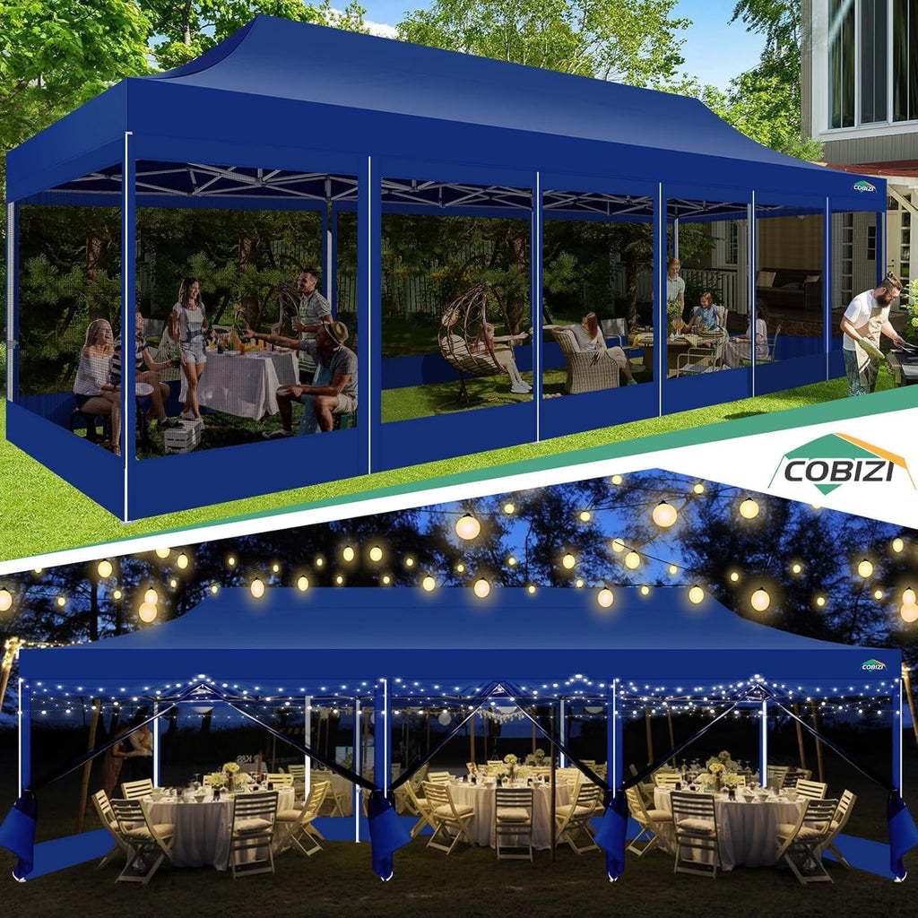 COBIZI 10x30 Pop Up Canopy with Sidewalls, Heavy Duty Canopy with Mosquito Netting, Easy up Screen Party Tents for Parties Backyard Outdoor Commercial Event Gazebo with Roller Bag, Sandbags, Deep Blue