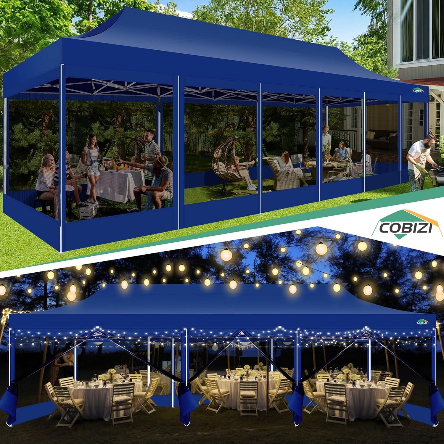 COBIZI 10x30 Pop Up Canopy with Sidewalls, Heavy Duty Canopy with Mosquito Netting, Easy up Screen Party Tents for Parties Backyard Outdoor Commercial Event Gazebo with Roller Bag, Sandbags, Deep Blue