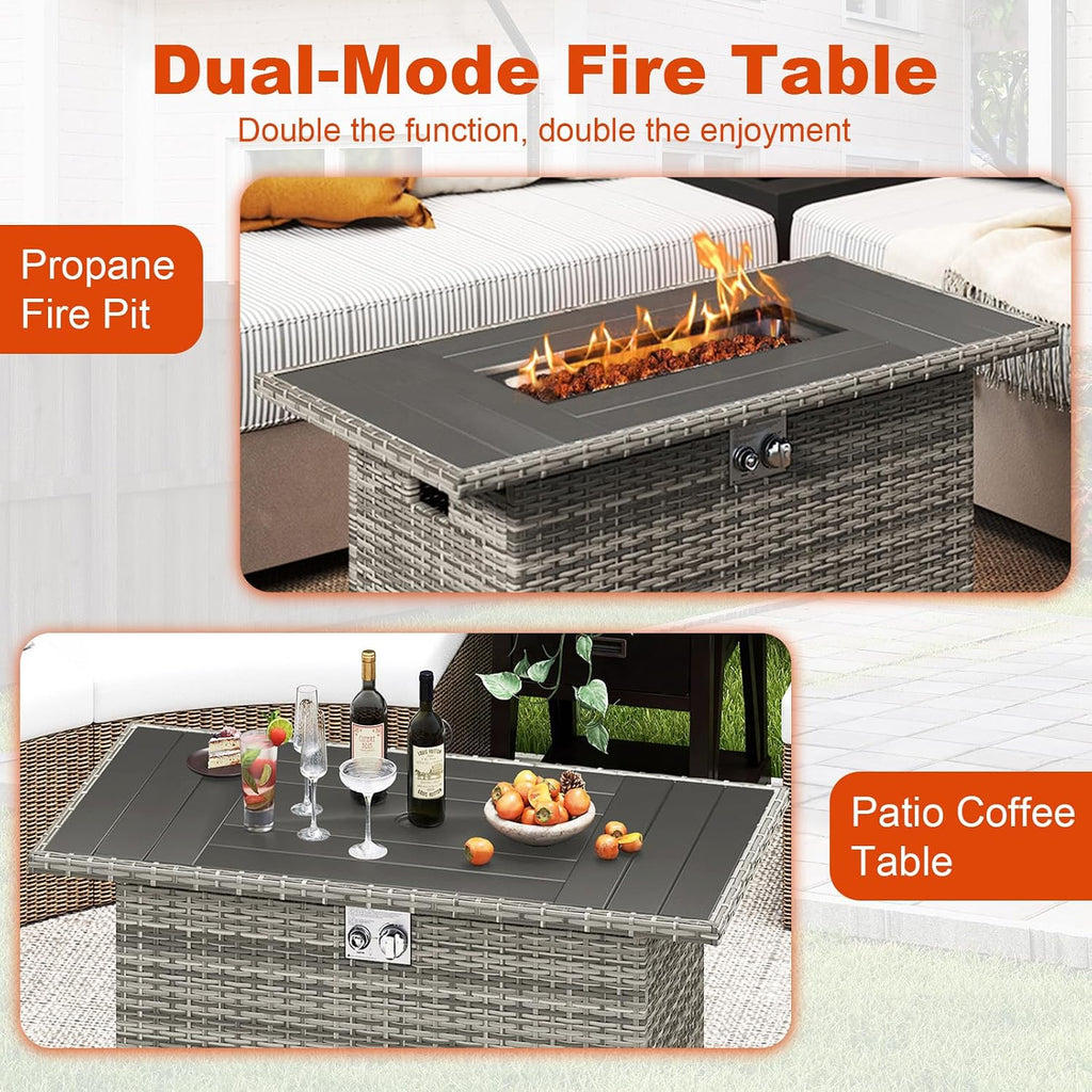 Tangkula 44.5 Inch Propane Fire Pit Table, Outdoor Rattan Gas Firepit with Metal Slatted Tabletop & Stainless Steel Burner, Rectangle Fire Pit with Lava Rocks & Protective Cover for Outside Patio