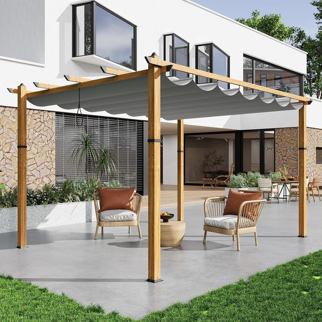 10x13 Ft Outdoor Retractable Pergola with Sun Shade Canopy, Heavy-Duty Aluminum Canopy Pergola Kits for Backyard, Faux Wood Grain Metal Patio Gazebo for Garden, Porch Beach, Grape Trellis - Grey