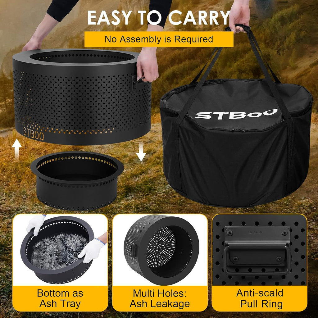 24 Inch Smokeless Fire Pits for Outside with Portable Carrying Storage Bag, Low Smoke Outdoor Fireplace for Bonfire Picnic Backyard on Beach, Black, XL
