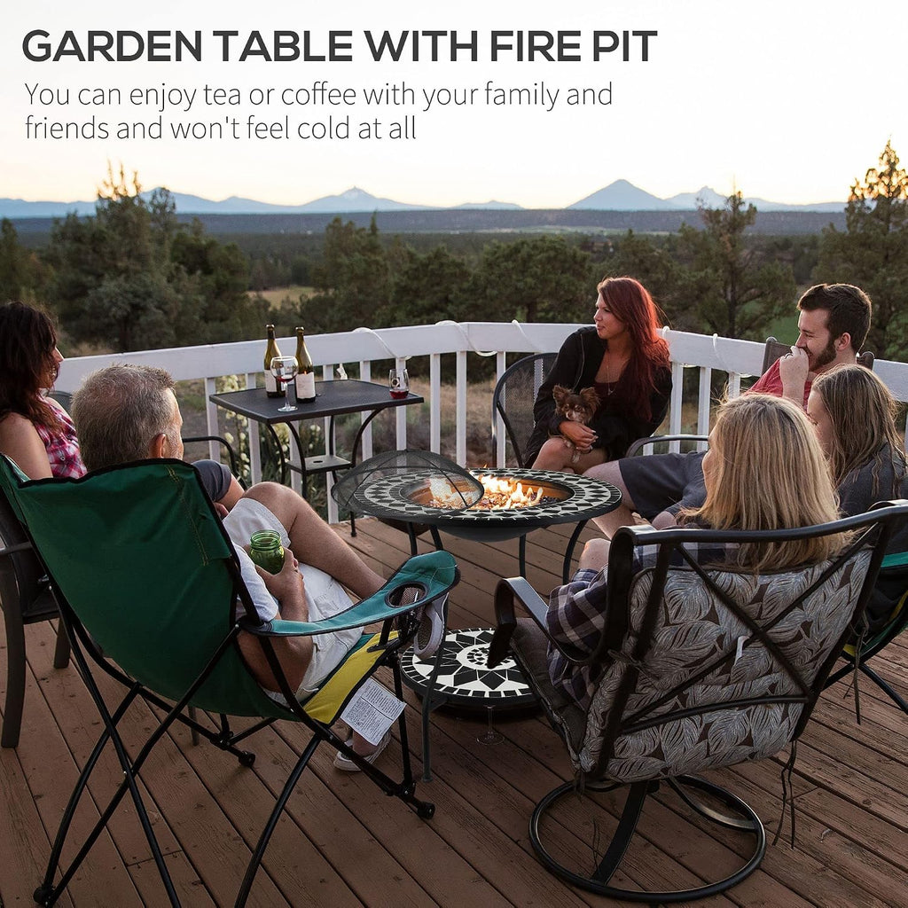 Outsunny 30' Outdoor Fire Pit Dining Table, 3-in-1 Round Wood Burning Fire Pit Bowl, Patio Ice Bucket with Storage Shelf, Spark Screen Cover for BBQ, Bonfire, Camping, Mosaic
