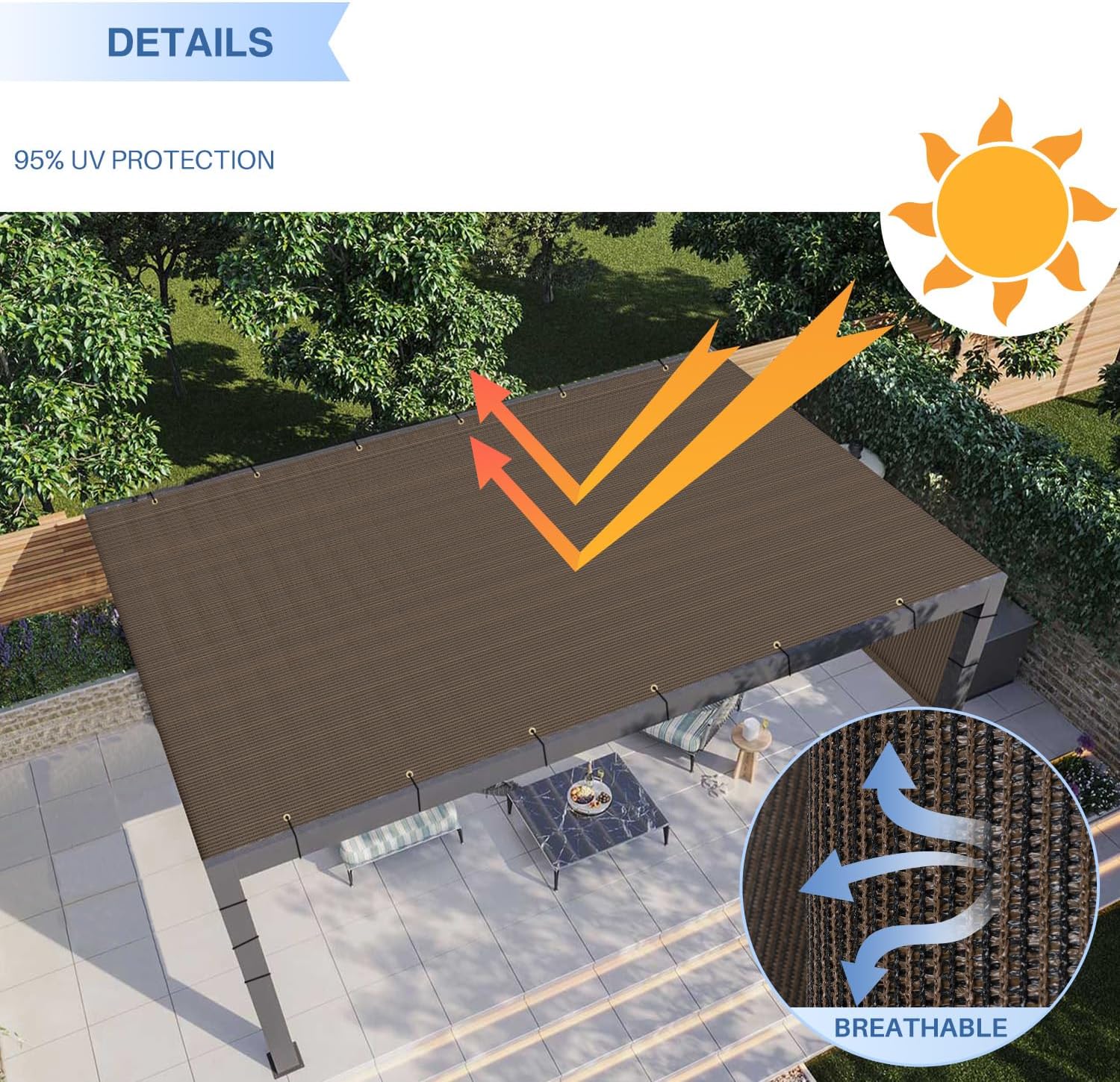E&K Sunrise 11'Wx4'L Pergola Shade Cover with Weighted Rods & Grommets, Outdoor Sun Shade Cloth Canopy Replacement Cover UV Block for Patio Porch Deck Backyard (Brown)
