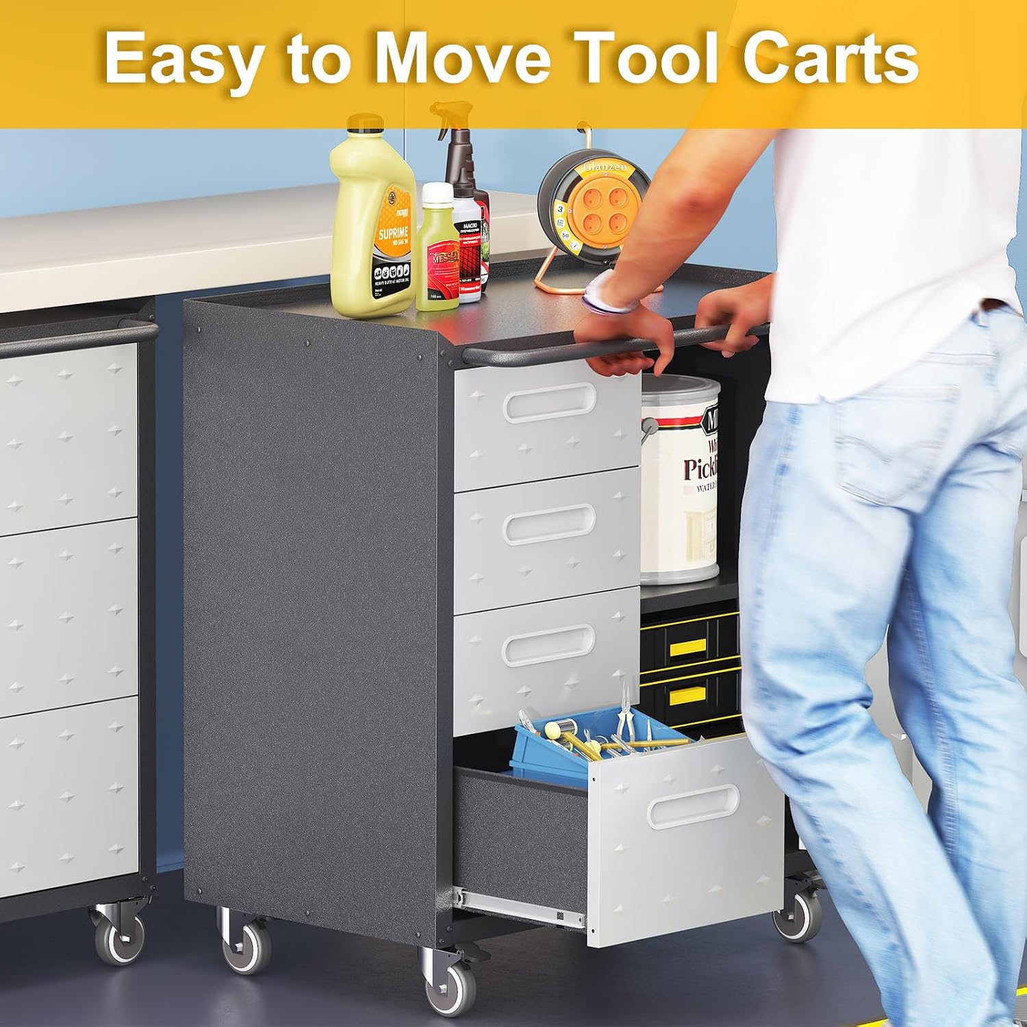 4-Drawer Rolling Tool Chest, Metal Tool Storage Cabinet on Wheels, Heavy Duty Tool Cart with Lockable Door & Handle, Mobile Toolbox, Steel Locker for Garage, Home, Warehouse, Black & Grey