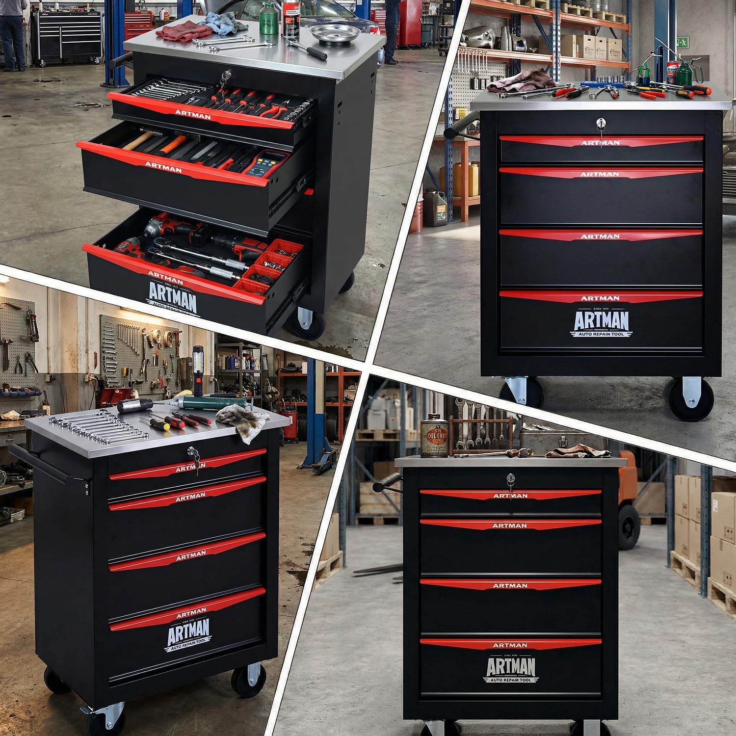 4-Drawer Rolling Tool Chest with Stainless Steel Countertop,Tool Chest with Secure Locking System,Mobile Storage Tool Cabinet with 360°Wheels and Padded Feet,for Home,Garage (Black+Red)