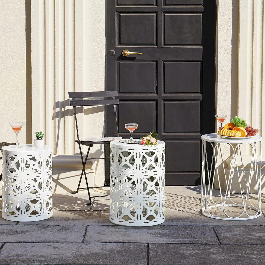 Y&M Set of 3 Stacking Coffee Table for Living Room, Round Metal Coffee Table, Indoor End Tables, Outdoor Garden Stool with Heavy Duty Metal Frame Modern Industrial Decor - Pure White (Ship from US)