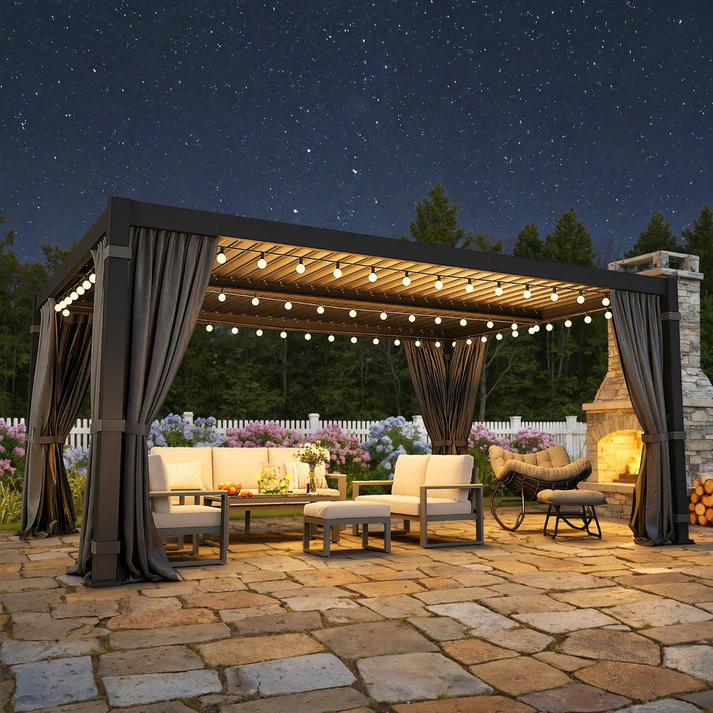 Kiss the Water 12'x16' Adjustable Louvered Pergola with Curtains & Netting, Heavy-Duty Metal Outdoor Gazebo with Adjustable Roof and Gutter System, Hardtop Patio Pergola for Garden, Yard, Dark Gray