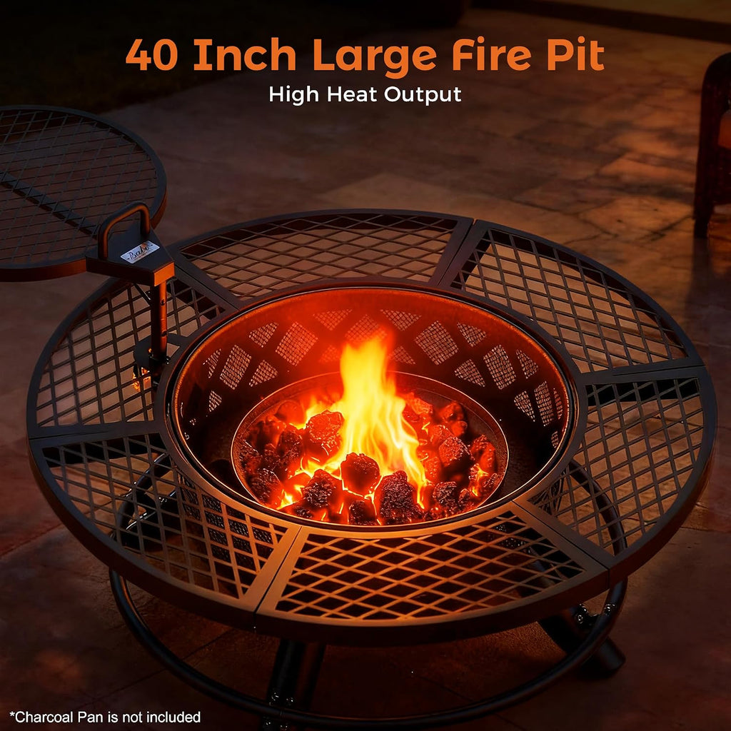 BALI OUTDOORS Fire Pit with Poker, 40 inch Outdoor Fire Pit Patio, Wood Burning Firepits for Outside with Grill