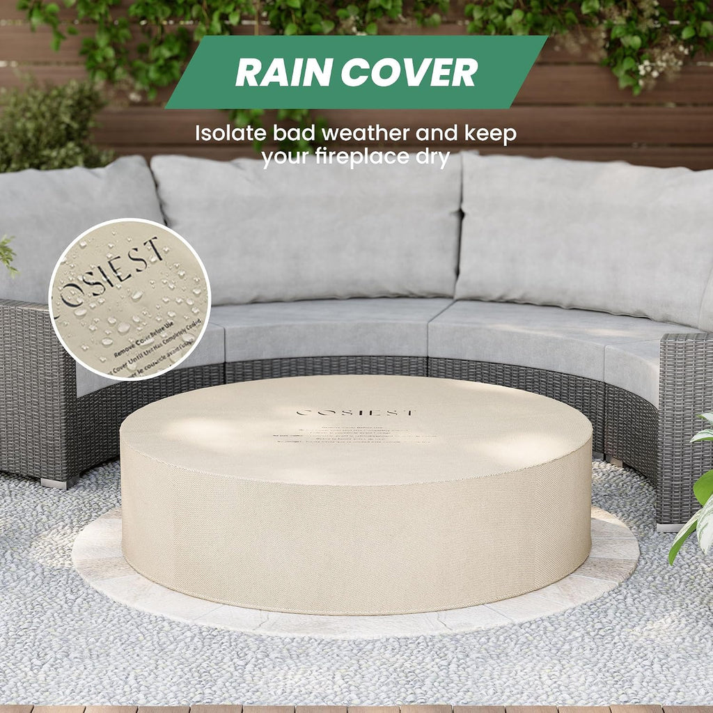 COSIEST 2-Piece Outdoor Propane Firepit Table Set w Tank Table, 42 inch Dark Fire Table Certified, 50,000 BTU w Beige Round Base,Wind Guard and 16 inches Tank Side Table 20lb for Garden,Pool