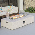 COSIEST Outdoor Propane Fire Pit Table, 56' x 28' Rectangle Terrazzo White Concrete-Like Finish, Certified, 50,000 BTU Stainless Steel Burner w Transparent Gray Fire Glass, Wind Guard, Raincover