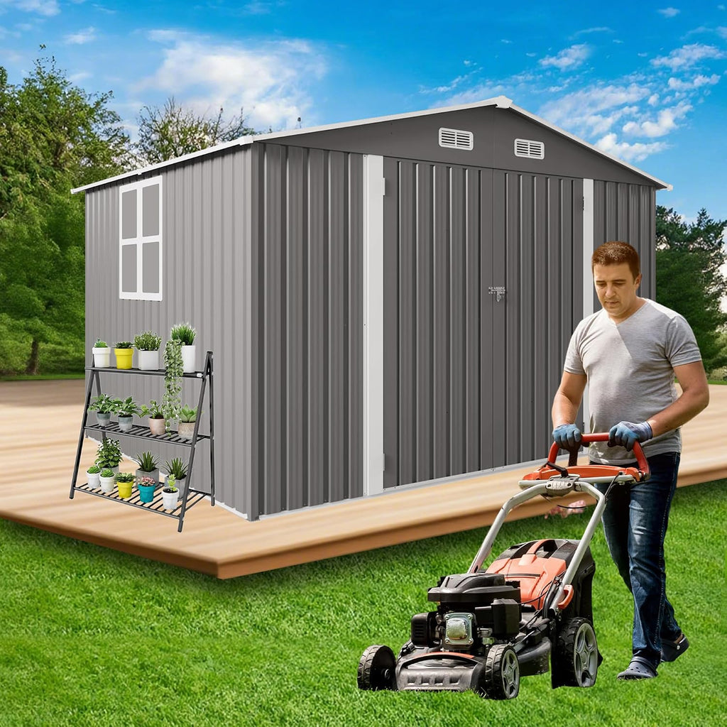 10x8 FT Outdoor Metal Storage Shed, Large Garden Backyard Tool Shed with Lockable Door, Windows and Vents, Multi-Purpose Outside Bike Storage Sheds for Patio, Lawn, Poolside, Motorcycle, Gray