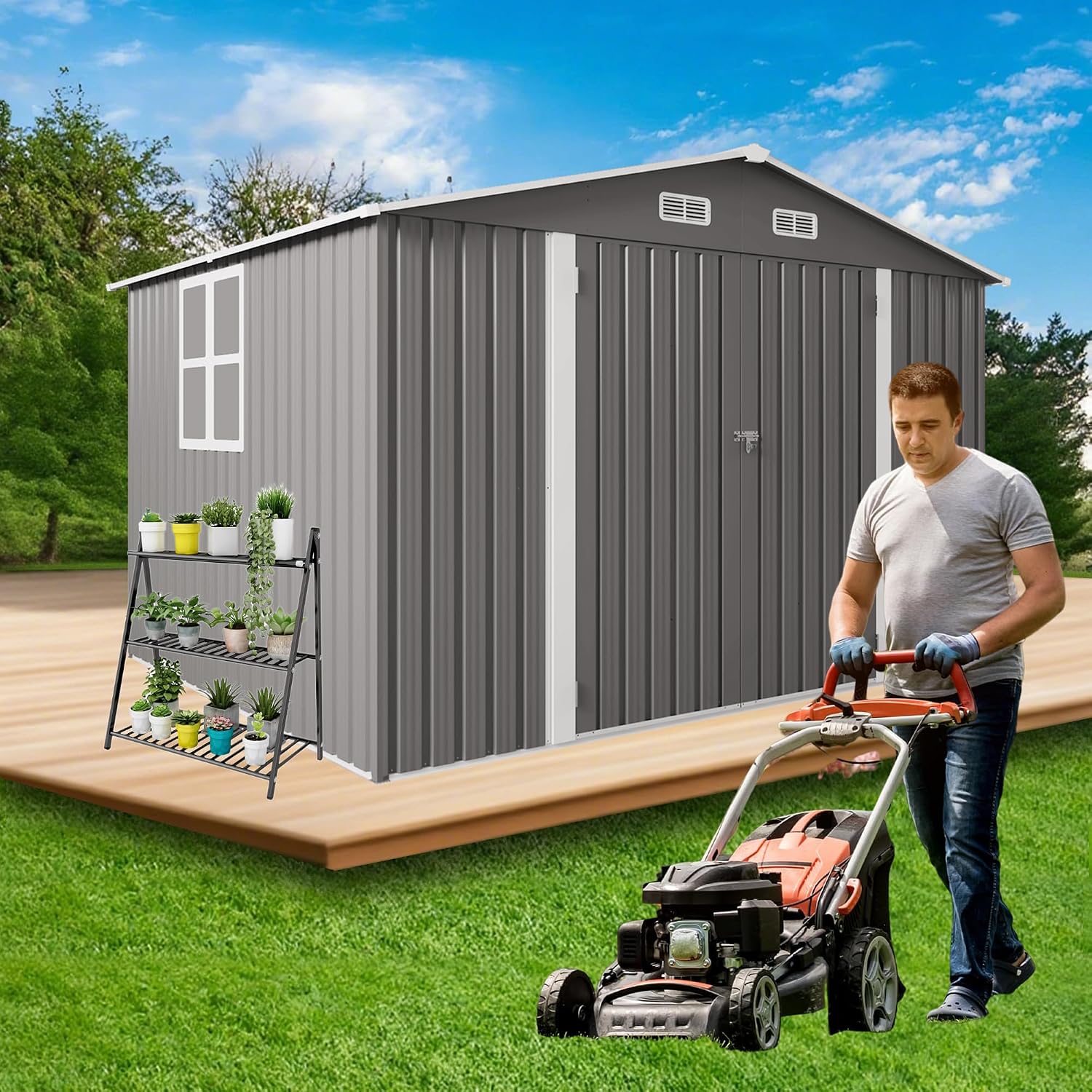 10x8 FT Outdoor Metal Storage Shed, Large Garden Backyard Tool Shed with Lockable Door, Windows and Vents, Multi-Purpose Outside Bike Storage Sheds for Patio, Lawn, Poolside, Motorcycle, Gray