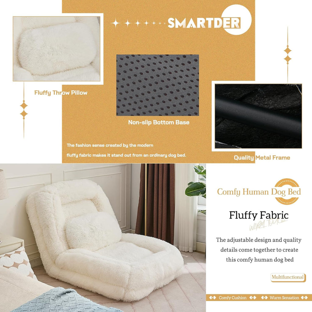 Adjustable Plush Human Dog Bed Lounger for Adult, 5-Position Foldable Lazy Lounge Sofa, Large Size Bean Bag Chair with Pillow, Folding Floor Chair for Living Room, Bedroom, Gaming Room, Beige