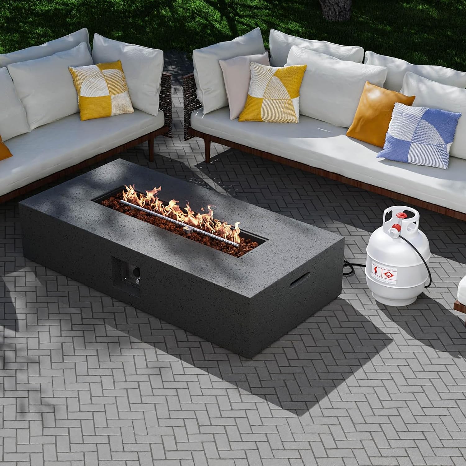 SUNBURY Outdoor Travertine Fire Pit Table, 56 inches Rectangle Propane Gas Patio Fire Pit 50,000 BTU Concrete, Low Firepit Table with Lava Rocks, Waterproof Cover (Grey)